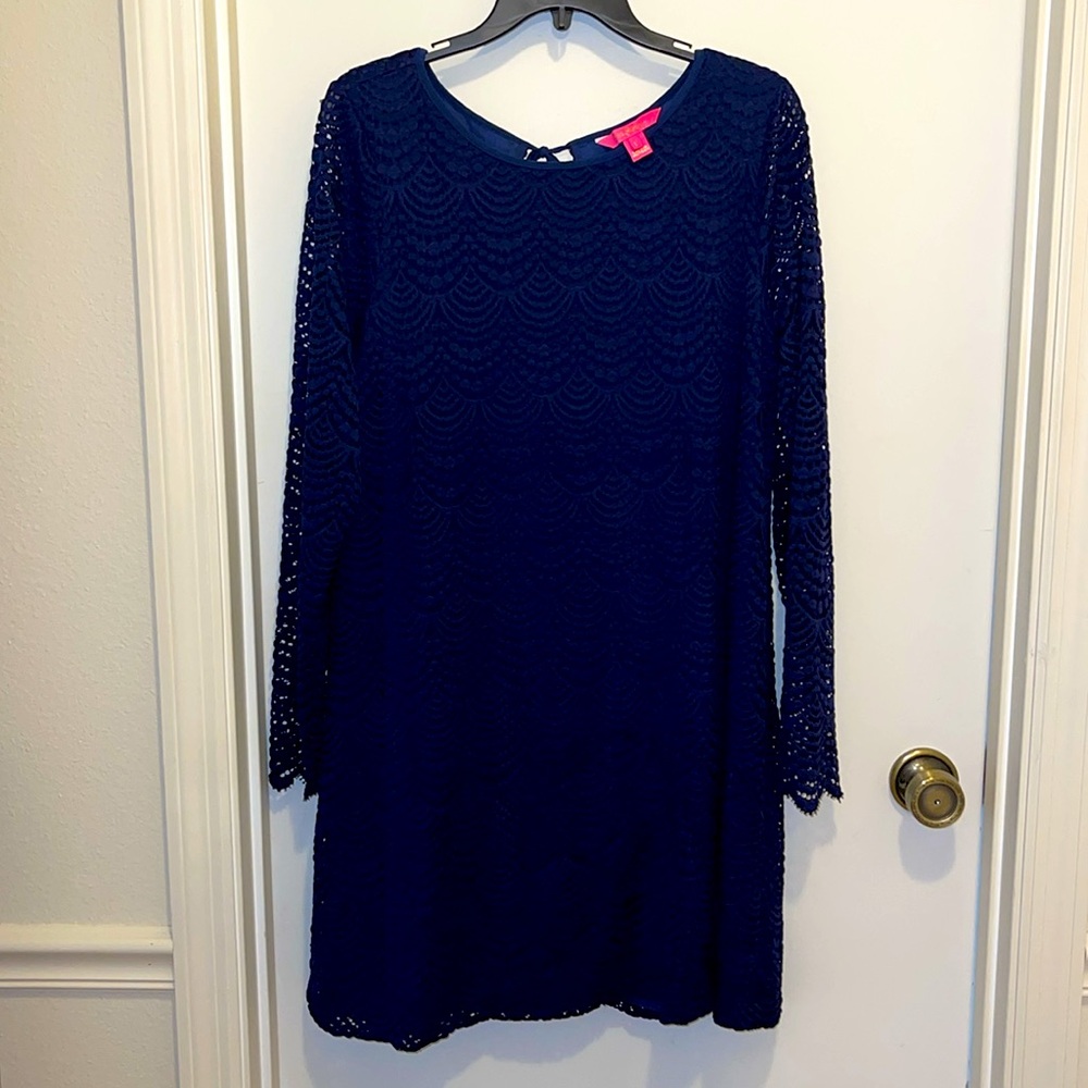 Lilly Pulitzer Navy Blue Lace Long Sleeve Bishop Sleeve Midi Dress